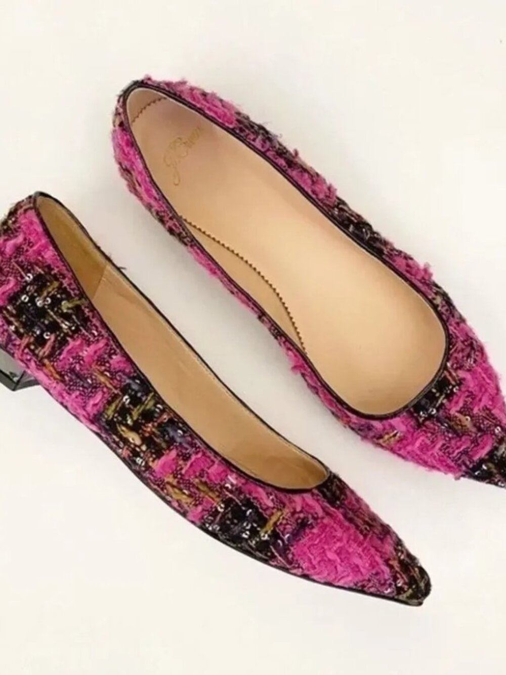 J.Crew Pointed-Toe Ballet Flats Fresh Berry Pink Black Tweed Sequin Textured